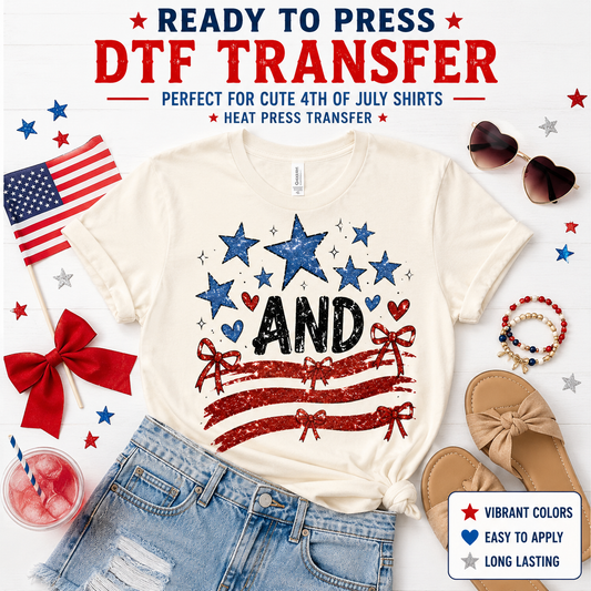 Ready to press DTF transfer mockup featuring a cute patriotic stars and bows design on a cream shirt with red stripes, blue stars, denim shorts, sandals, American flag, sunglasses, drink, and 4th of July props.
