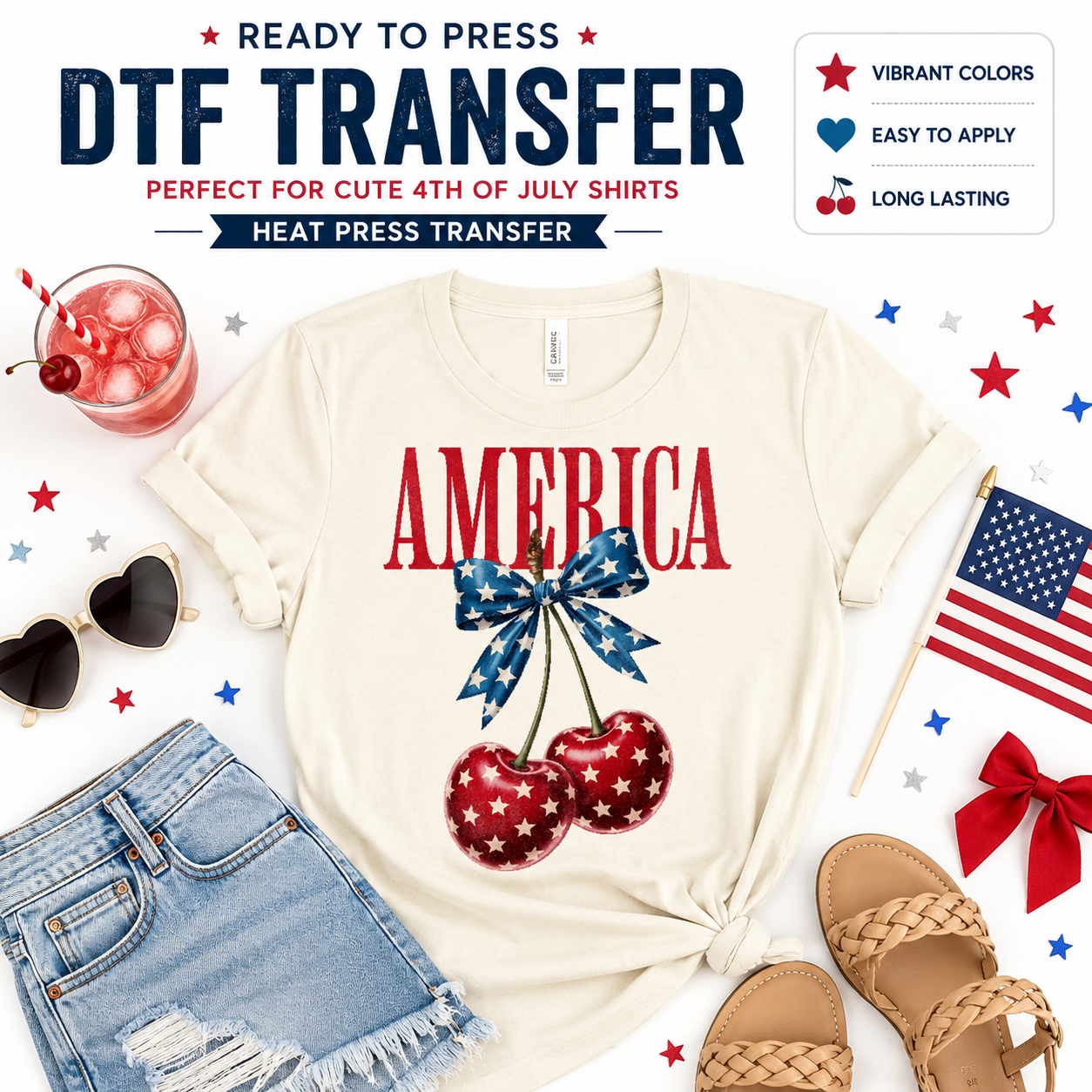 Ready to press DTF transfer mockup featuring an America patriotic cherry design on a cream shirt with star bow, denim shorts, sandals, American flag, sunglasses, iced drink, red bow, and 4th of July props.
