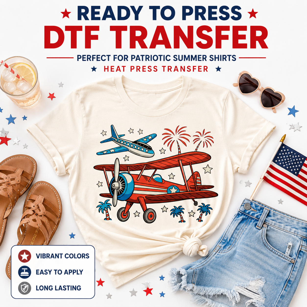 Ready to press DTF transfer mockup featuring a patriotic vintage airplane design on a cream shirt with fireworks, stars, palm trees, denim shorts, sandals, American flag, sunglasses, drink, and summer 4th of July props.
