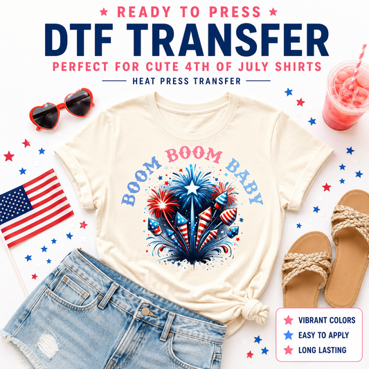 Ready to press DTF transfer mockup featuring a cute Boom Boom Baby fireworks design on a cream shirt with rockets, denim shorts, sandals, American flag, heart sunglasses, pink drink, and 4th of July props.
