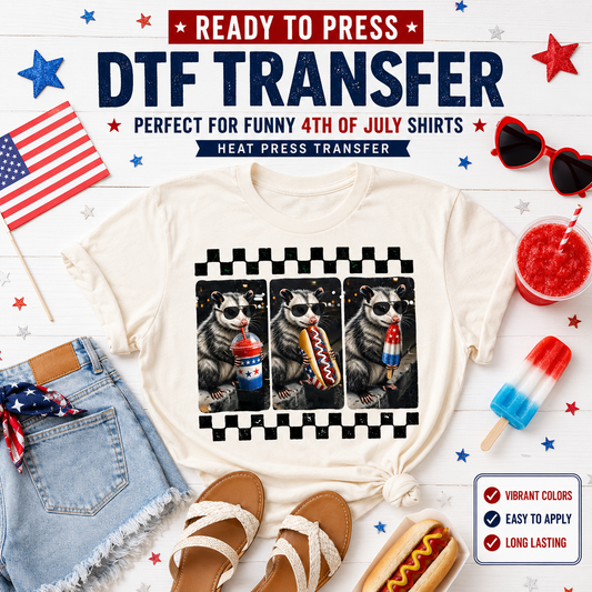 T-shirt with a graphic of opossums celebrating the 4th of July, surrounded by accessories on a festive background.