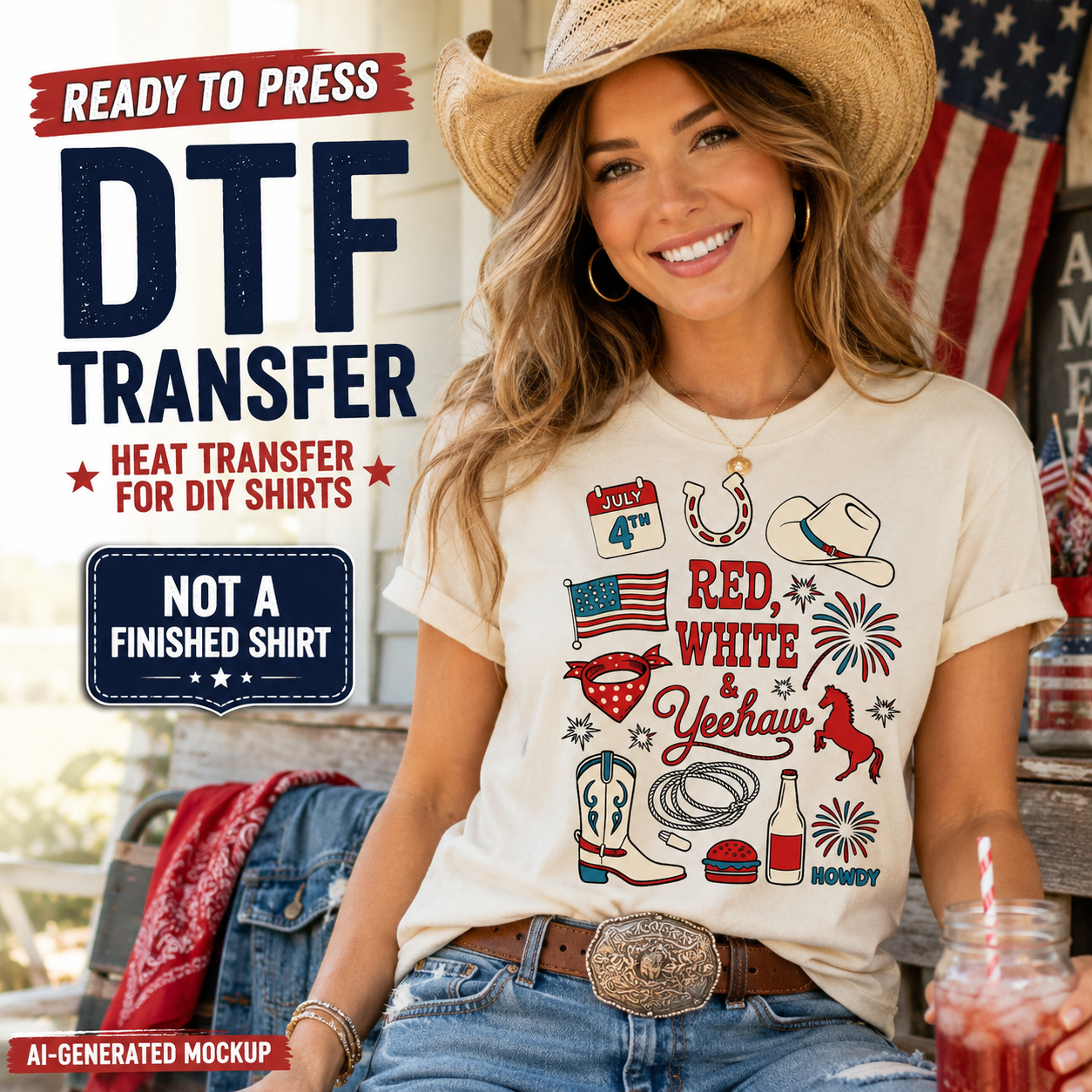 Woman wearing a t-shirt with patriotic graphics and text, sitting outdoors with an American flag in the background.