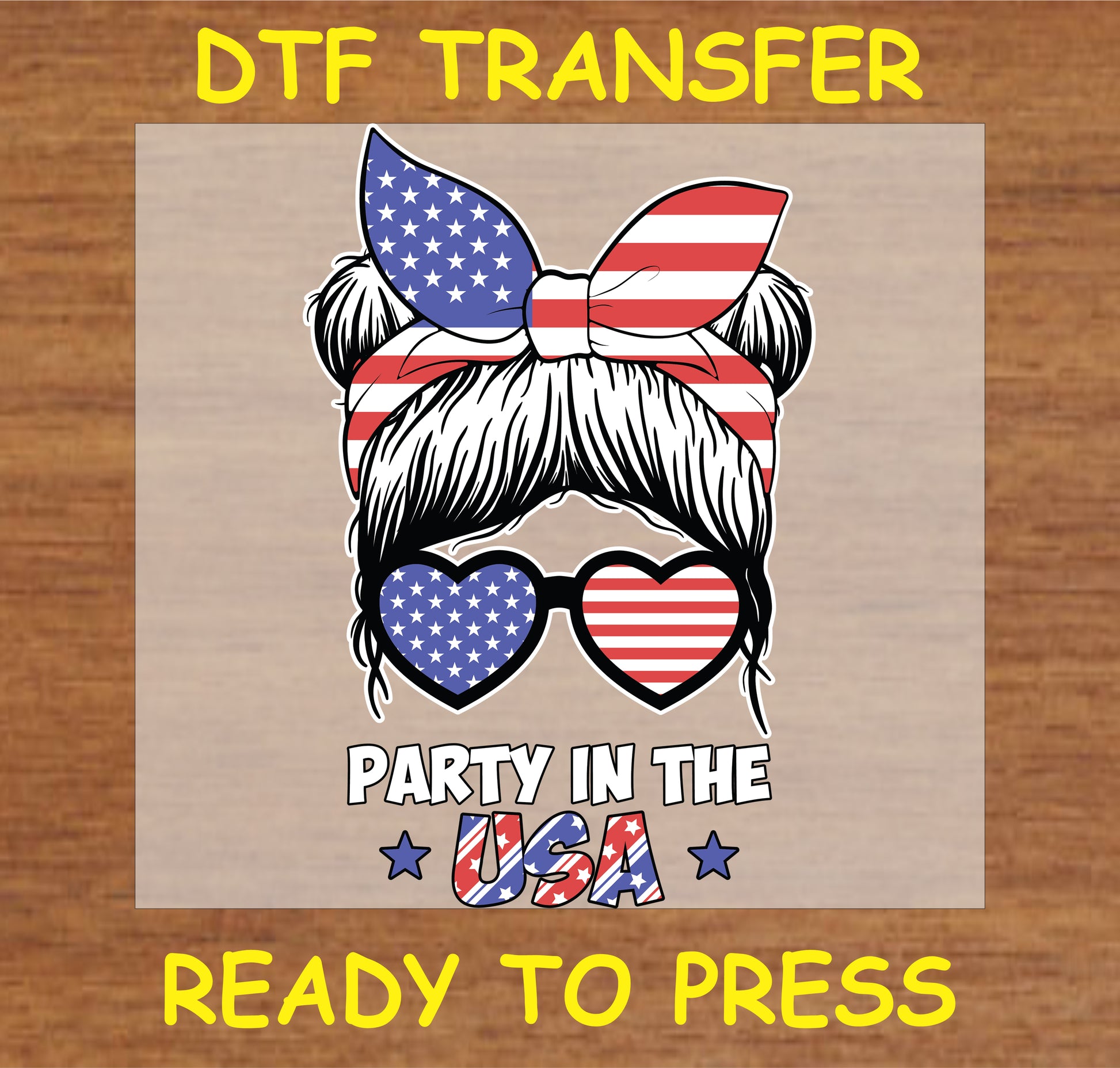 "Party in the USA DTF Transfer with patriotic bandana and heart sunglasses for custom Fourth of July apparel"
