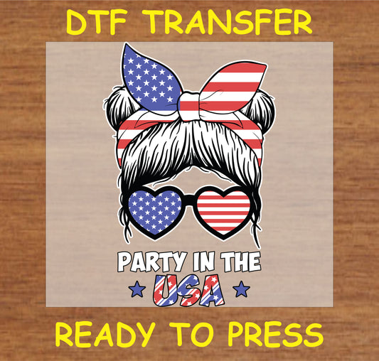 "Party in the USA DTF Transfer with patriotic bandana and heart sunglasses for custom Fourth of July apparel"