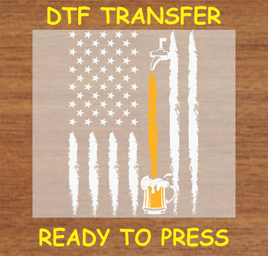 "American Beer Flag DTF Transfer with a beer tap and mug incorporated into a patriotic flag design for Fourth of July apparel"