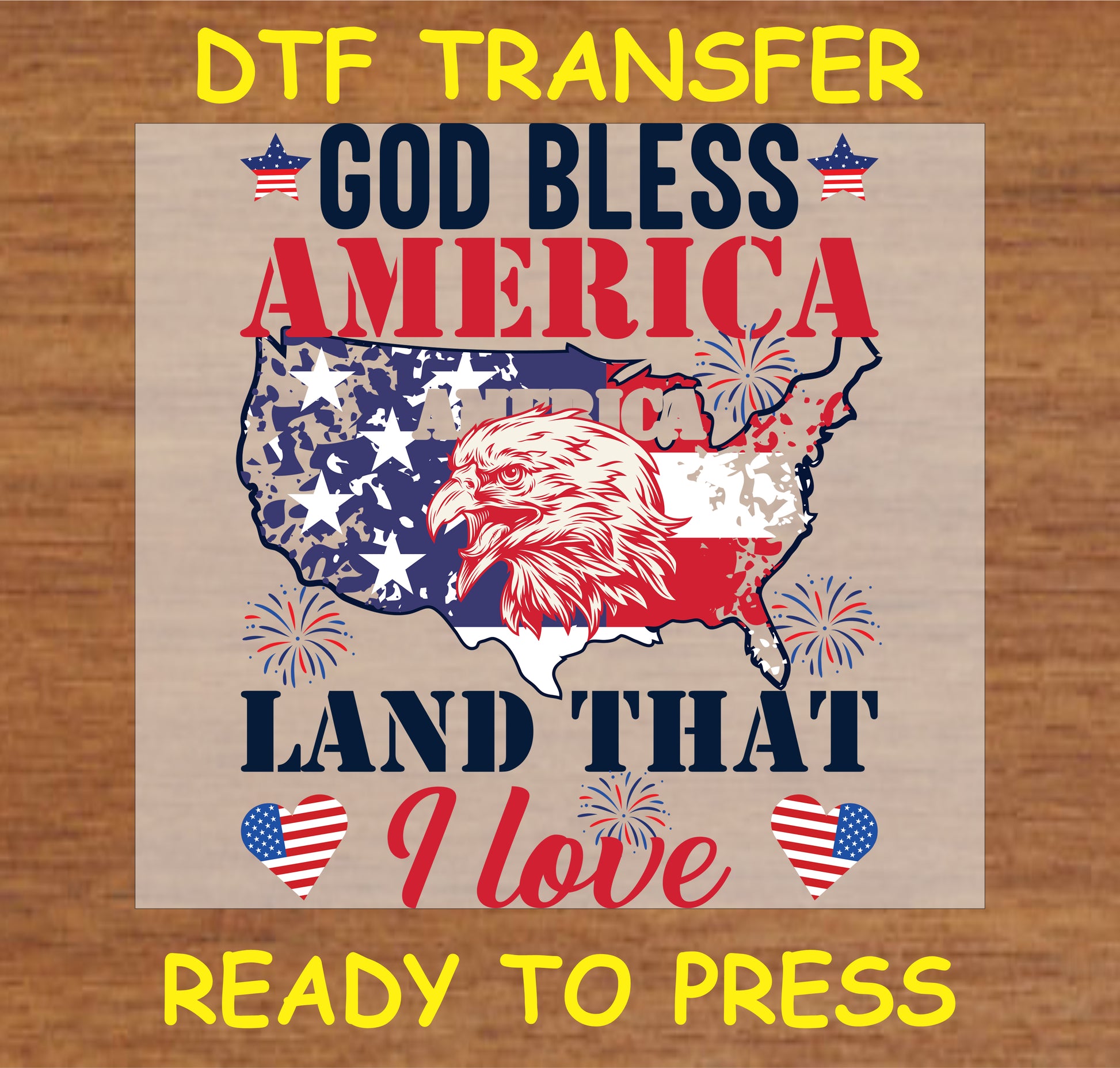"God Bless America DTF Transfer with USA map, eagle, and patriotic message design"