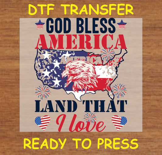 "God Bless America DTF Transfer with USA map, eagle, and patriotic message design"