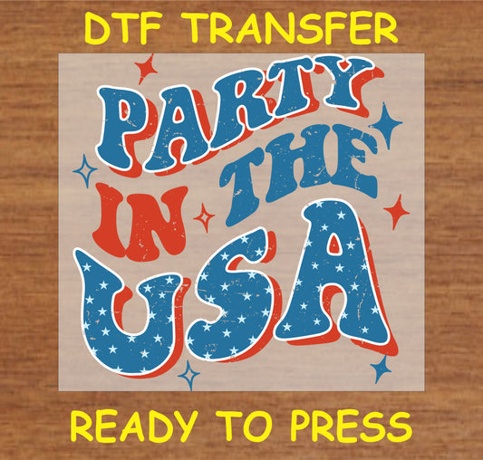 "Party in the USA DTF Transfer with retro patriotic design in red, white, and blue"