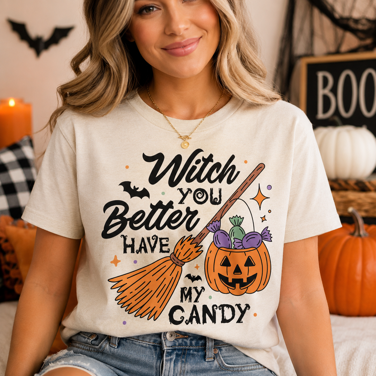 A woman wearing a cream-colored graphic t-shirt with a Halloween design that reads 'Witch You Better HAVE MY CANDY' alongside a broom, pumpkin, and candy motifs, set in a cozy autumn-themed room.