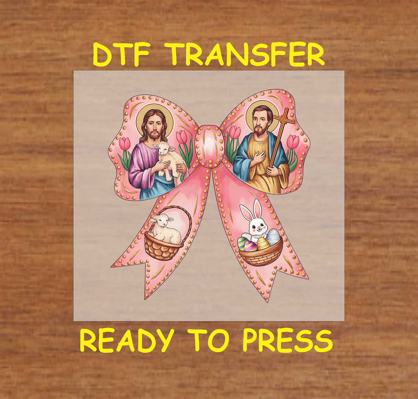 Christian Easter DTF transfer with pink bow, religious imagery of saints, lamb, and Easter elements.
