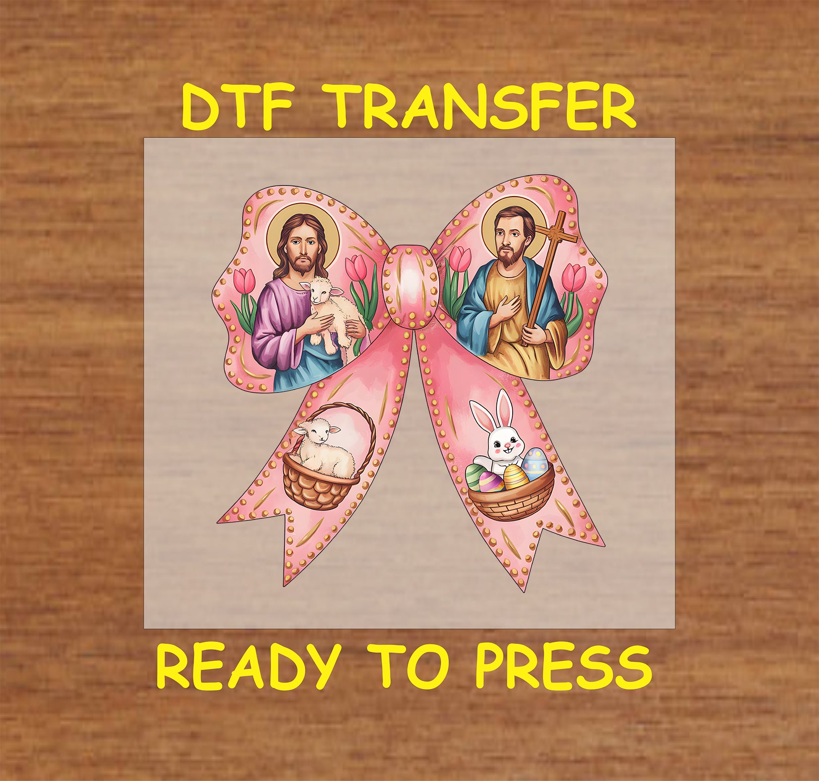 Christian Easter DTF transfer with pink bow, religious imagery of saints, lamb, and Easter elements.