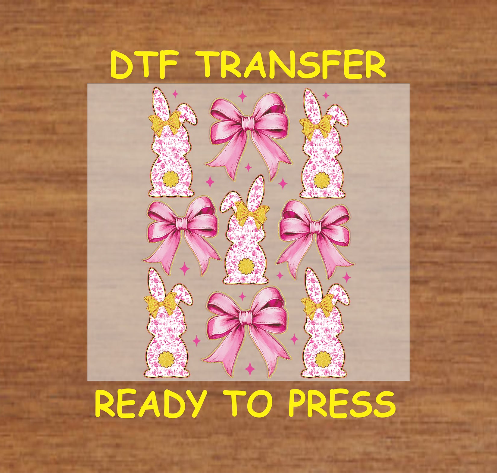 Pink floral bunny and bow DTF transfer for Easter crafts and shirts.
