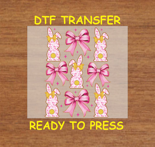 Pink floral bunny and bow DTF transfer for Easter crafts and shirts.