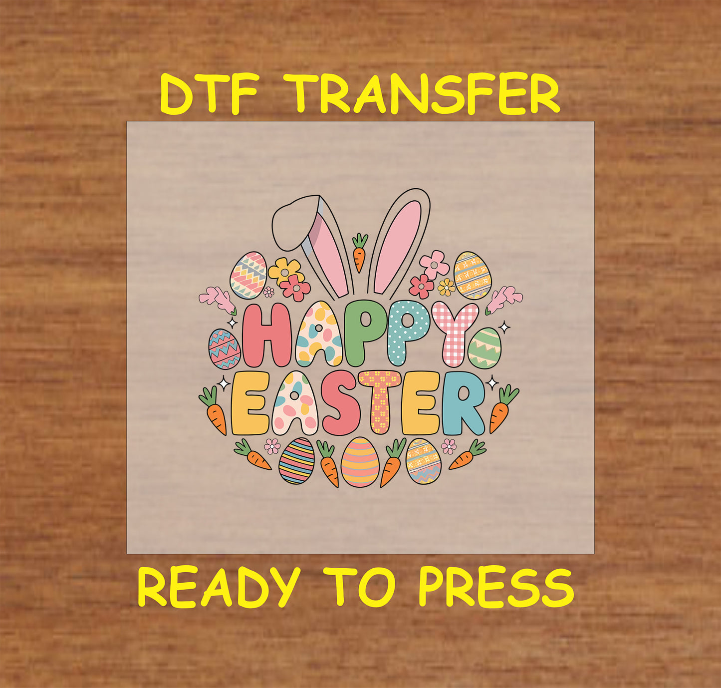 "Happy Easter" text with bunny ears, decorated eggs, and carrots.