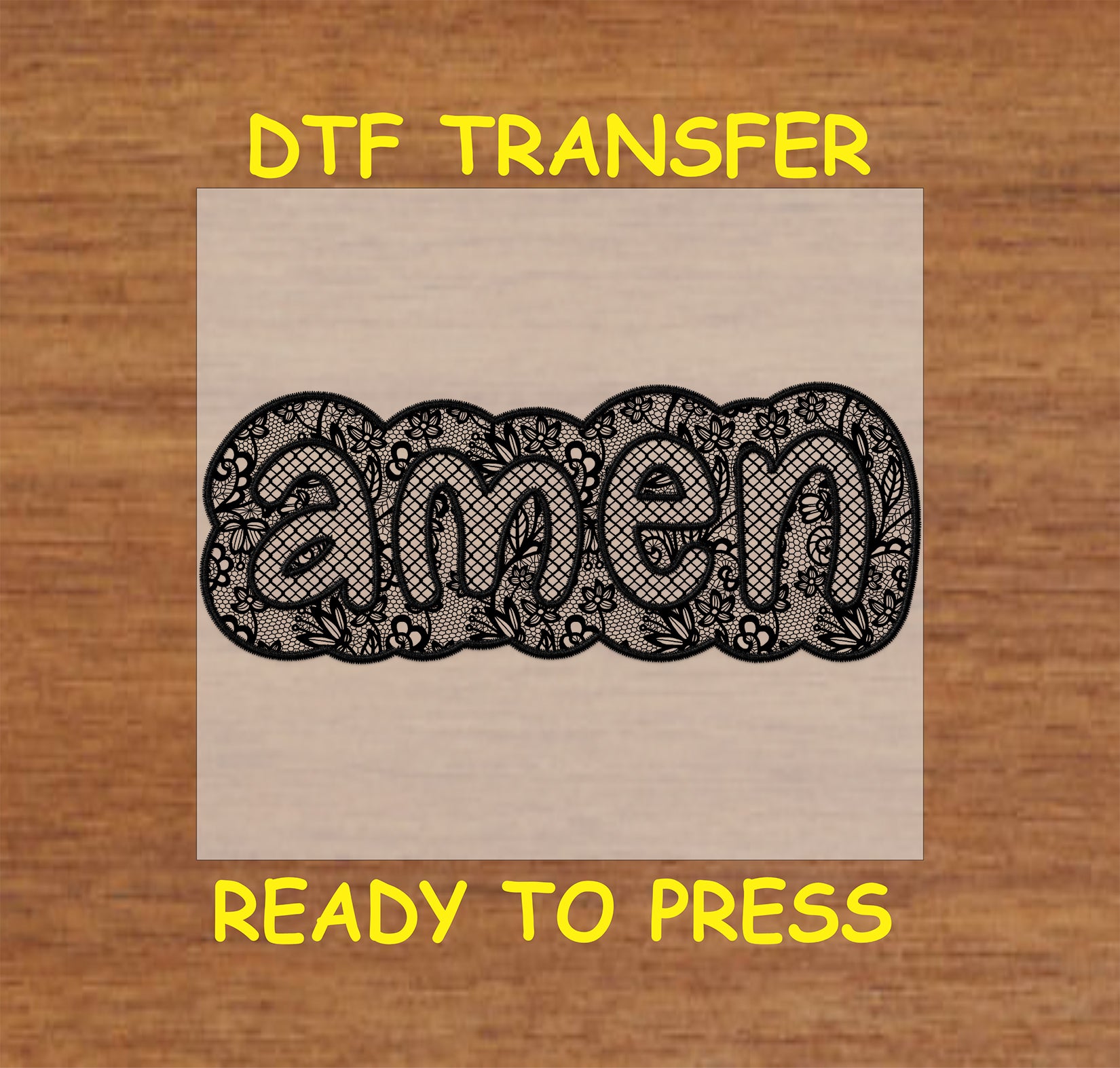 Black lace-style Amen DTF transfer with intricate floral details.