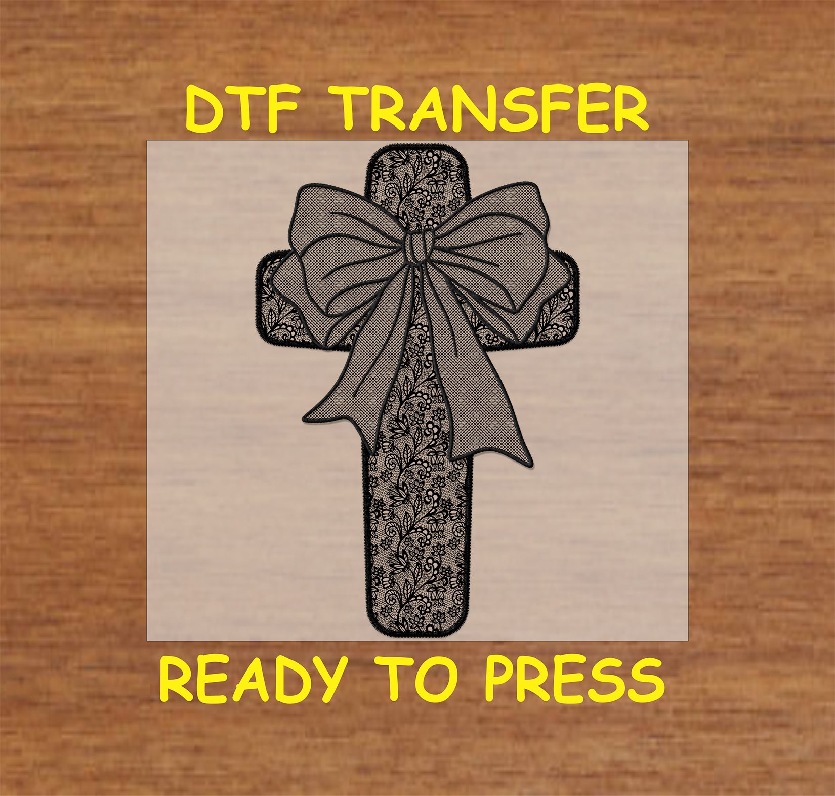 Black lace-style cross with floral details and a bow, DTF transfer.