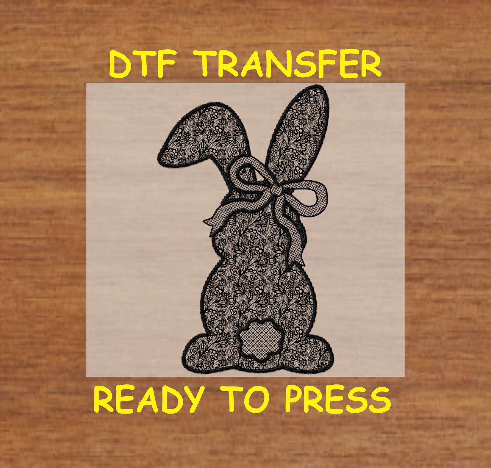 Black lace bunny with floral details and a bow, DTF transfer.