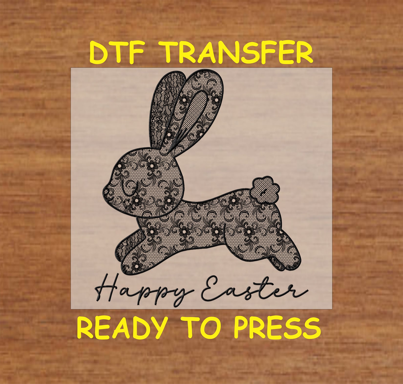 Black lace Easter bunny with floral details and "Happy Easter" text, DTF transfer.