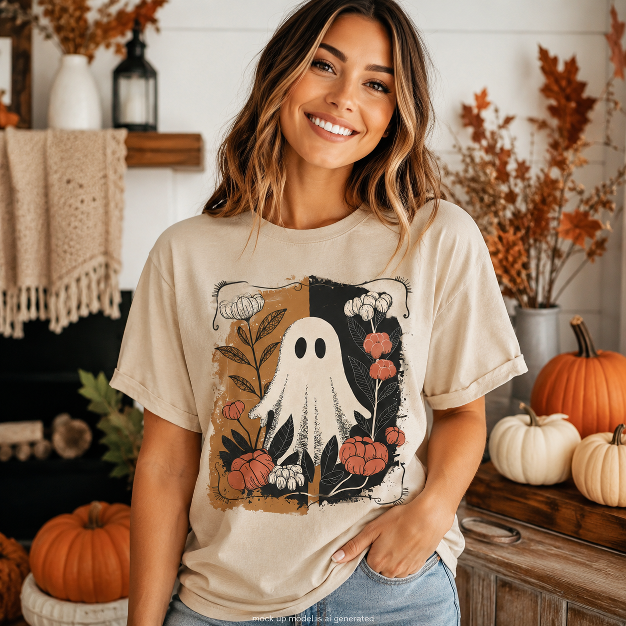 A woman wearing a beige graphic t-shirt with a Halloween ghost design, standing in a cozy, decorated autumn-themed room with pumpkins and a fireplace.