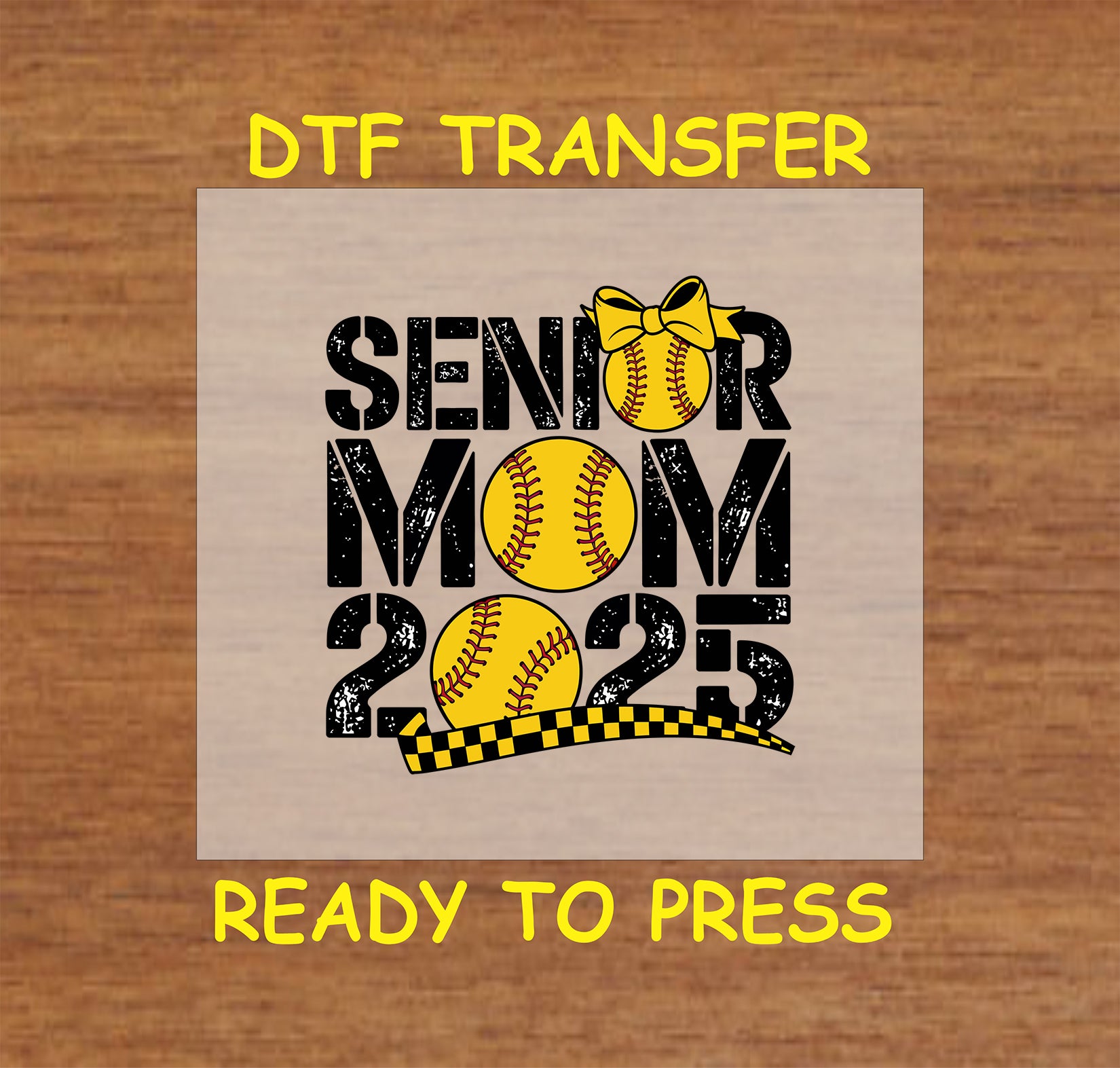 Senior Mom 2025 DTF transfer with baseball and bow design.