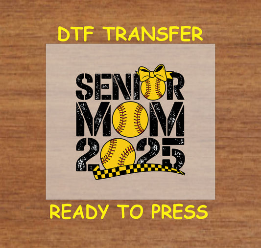 Senior Mom 2025 DTF transfer with baseball and bow design.