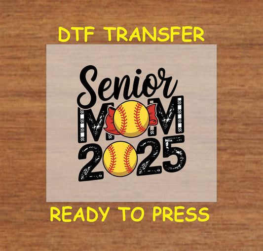 Senior Mom 2025 DTF transfer with baseball and red bow accents.