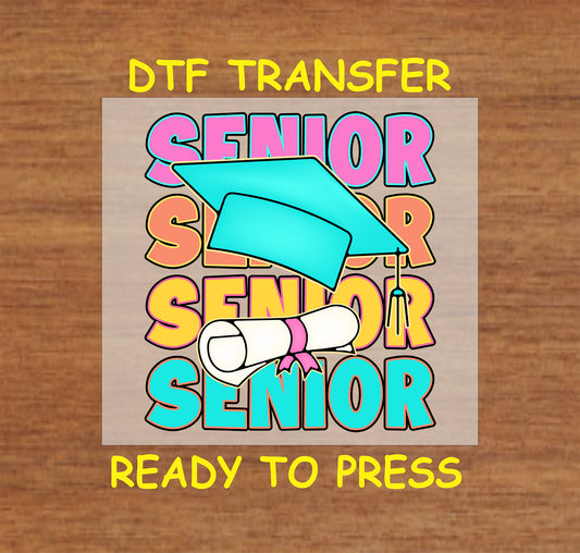 Senior graduation DTF transfer with cap and diploma design.