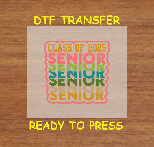 Class of 2025 Senior DTF transfer with multicolor stacked text.