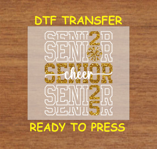 Cheer-themed Senior DTF transfer with stacked white and gold glitter text, pom-pom, and cheer script.