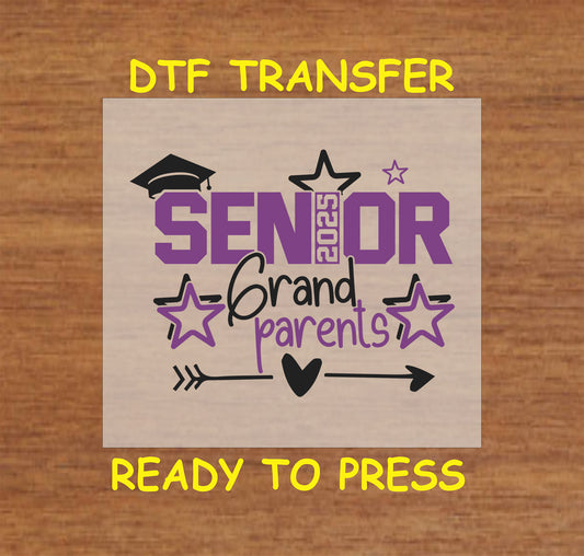 Senior 2025 Grandparents DTF transfer with bold purple text, stars, and a graduation cap.