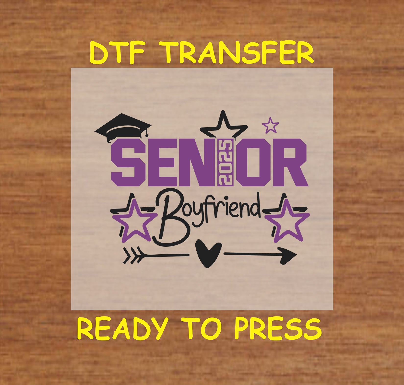 Senior 2025 Boyfriend DTF transfer with bold purple text, stars, and a graduation cap.