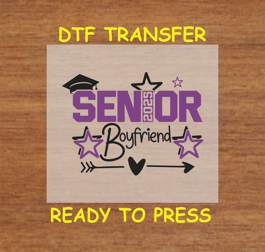 Senior 2025 Boyfriend DTF transfer with bold purple text, stars, and a graduation cap.