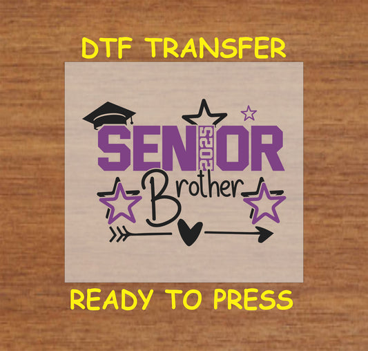 Senior 2025 Brother DTF transfer with bold purple text, stars, and a graduation cap.