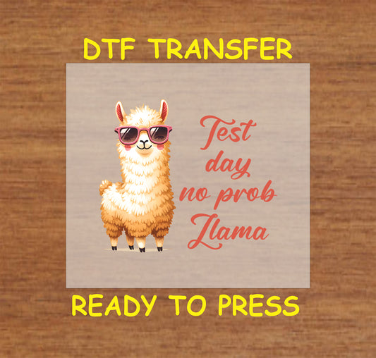 No Prob Llama DTF transfer featuring a llama in sunglasses with test day quote.