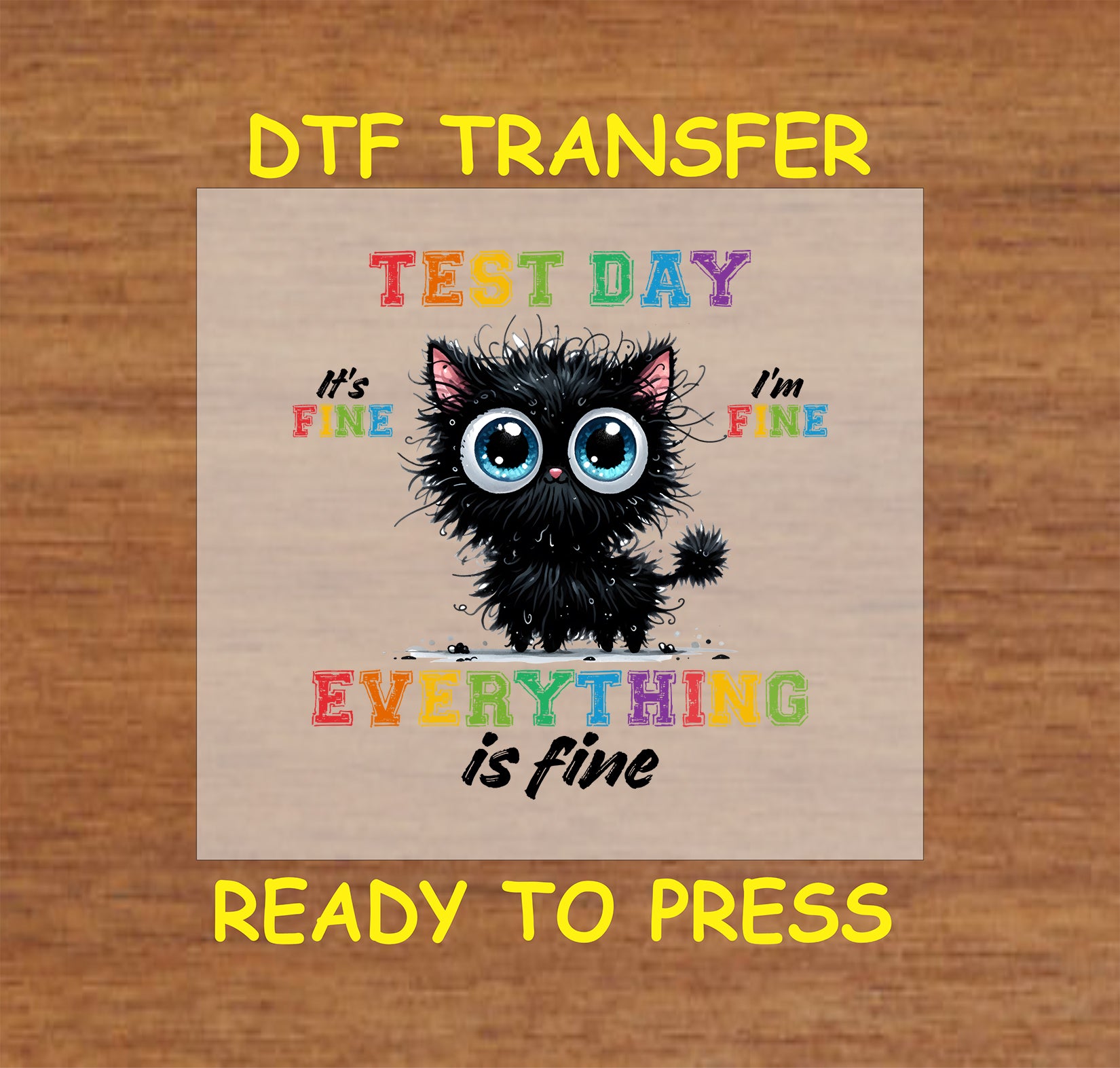 Test Day Everything is Fine DTF transfer with a wide-eyed black fluffy cat and rainbow text.