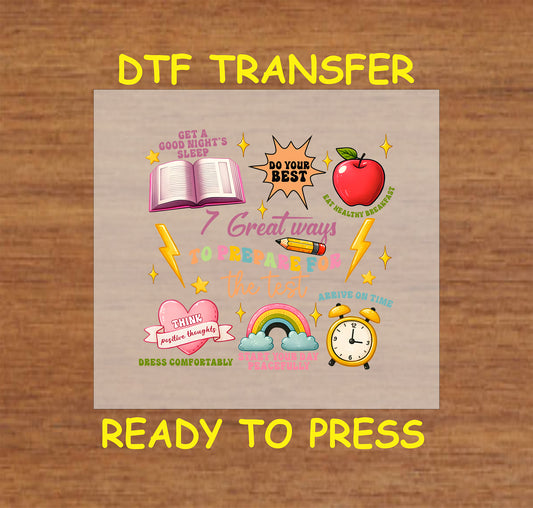 7 Ways to Prepare for the Test DTF transfer with study tips, a book, pencil, apple, rainbow, and clock.