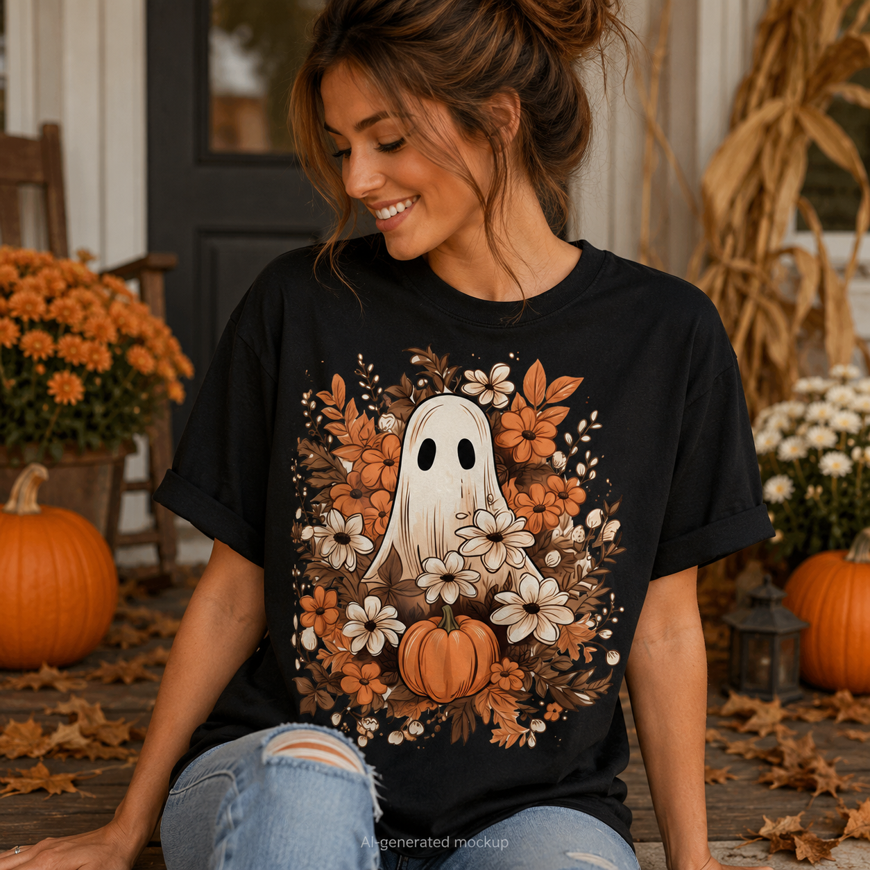 A woman wearing a black graphic t-shirt with a ghost and autumn floral design, sitting on a porch decorated with pumpkins and fall leaves.