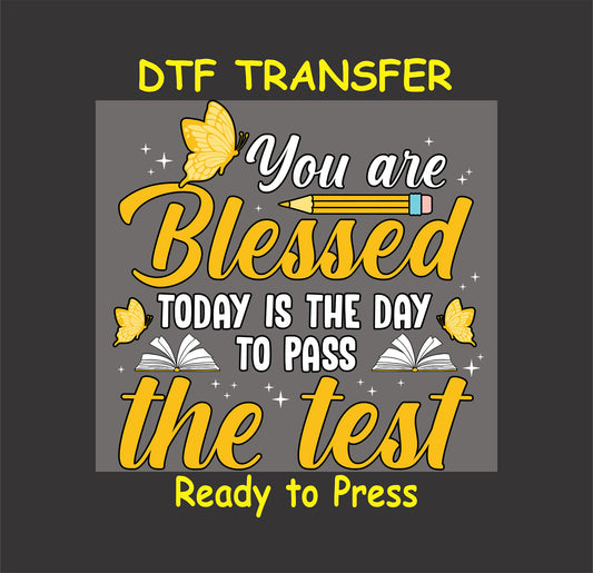 Blessed Test Day DTF transfer with butterflies, books, and motivational text.
