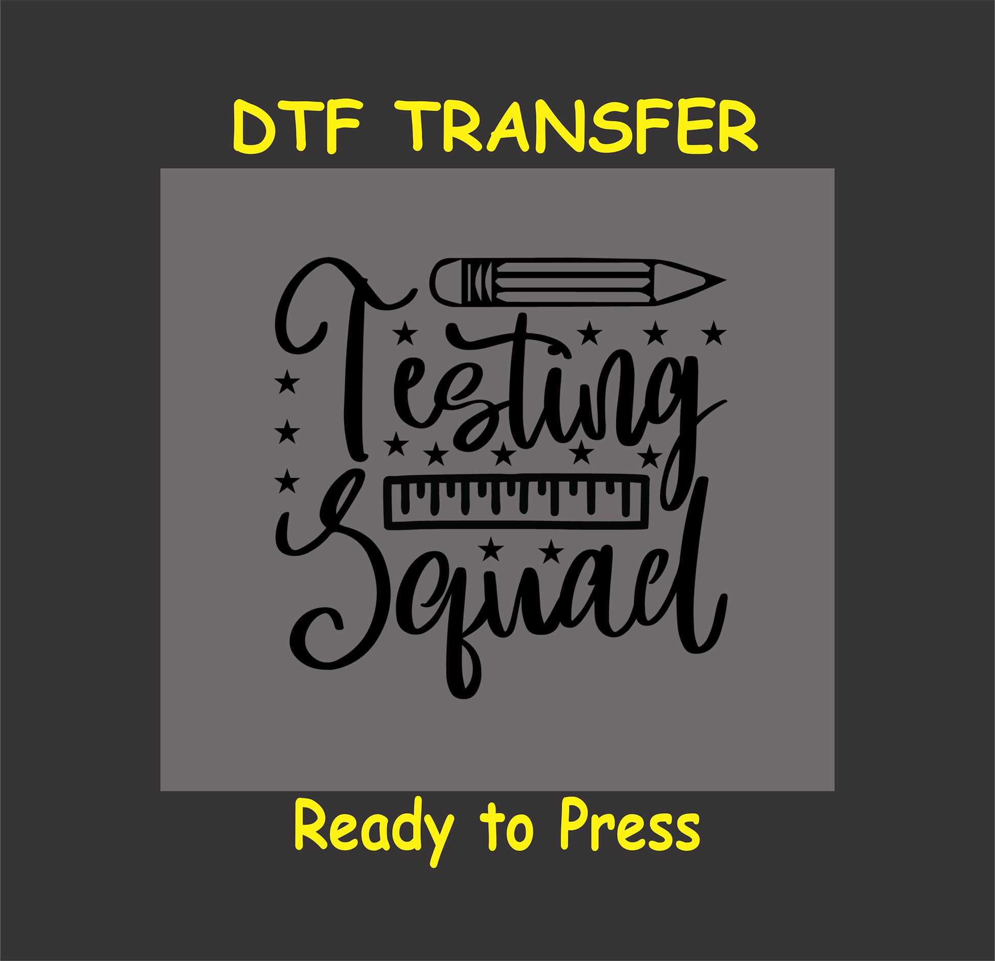 Testing Squad DTF transfer with a pencil, ruler, and stars.