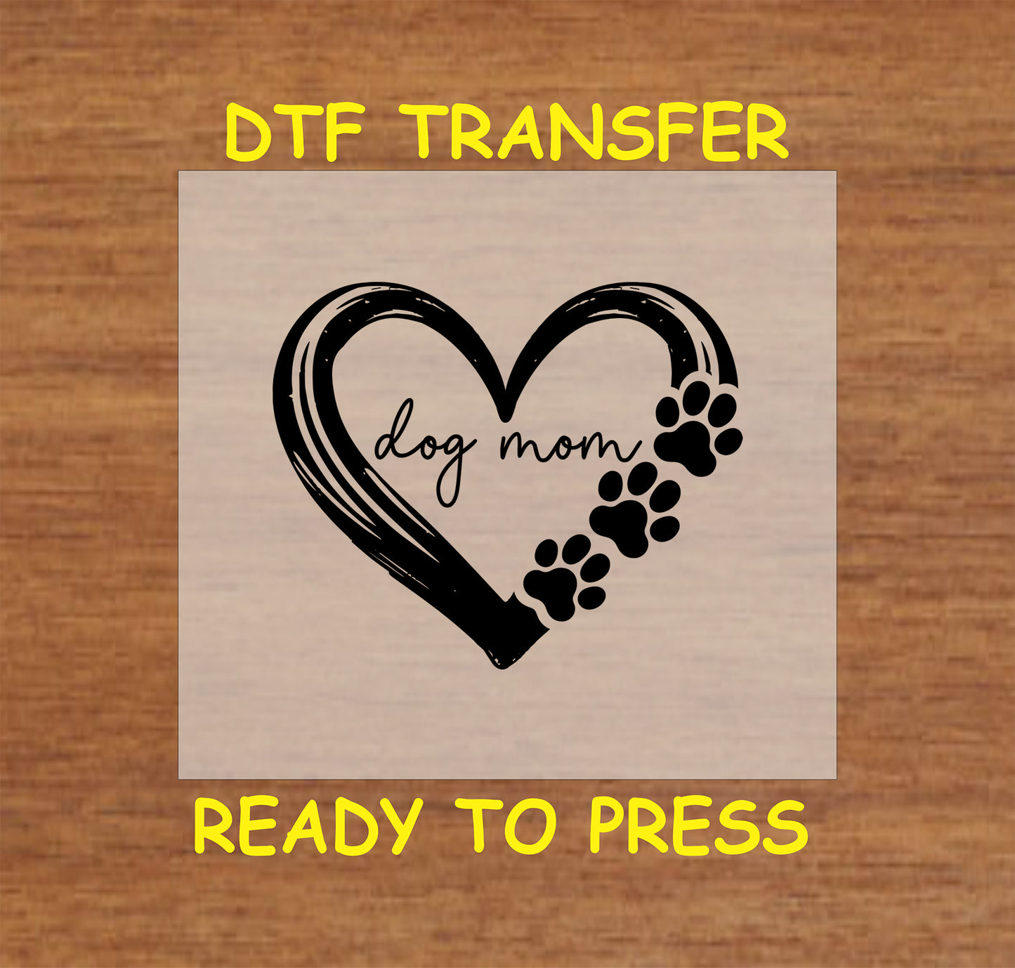 Dog Mom heart DTF transfer with paw prints in a brushstroke design.