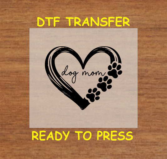 Dog Mom heart DTF transfer with paw prints in a brushstroke design.