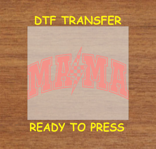  Mama DTF transfer with a lightning bolt and retro varsity font in a bold design.