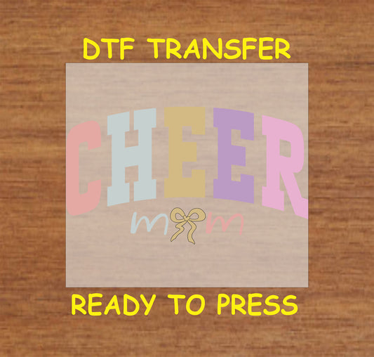 Cheer Mom DTF transfer with pastel block letters and a cheer bow accent.