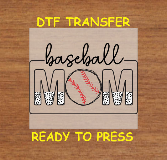 Baseball Mom DTF transfer featuring a baseball-themed design with leopard print accents.