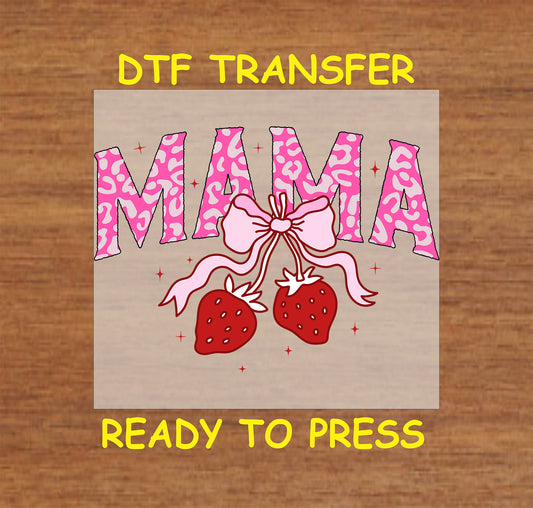 Strawberry Leopard Mama DTF transfer with pink leopard print letters, a bow, and strawberry accents.