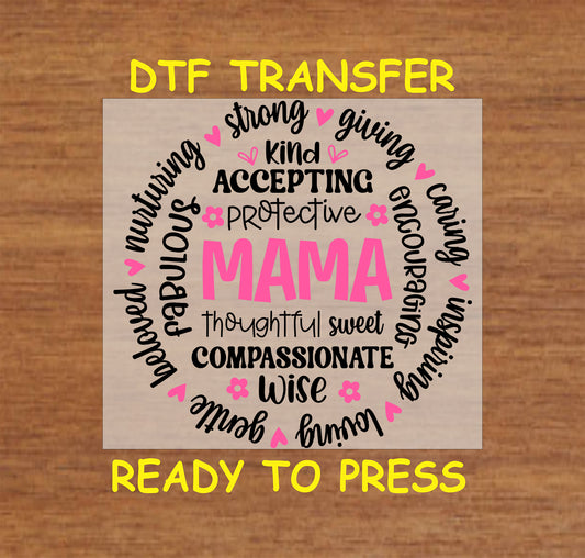 Mama word circle DTF transfer with uplifting words in black and pink text.