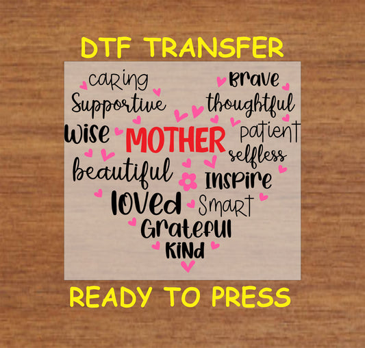 Mother DTF transfer with heart-shaped word art featuring words like caring, patient, and loved.
