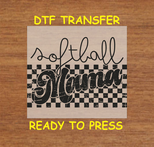 Softball Mama DTF transfer with a distressed checkered background.