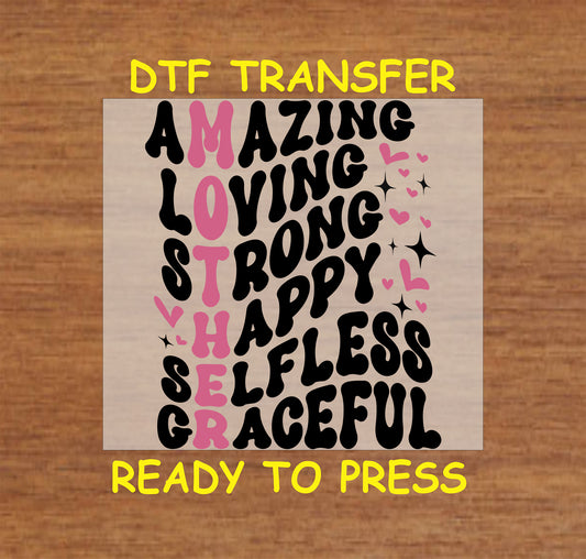Mother Acronym DTF transfer with bold black and pink text, ready to press.