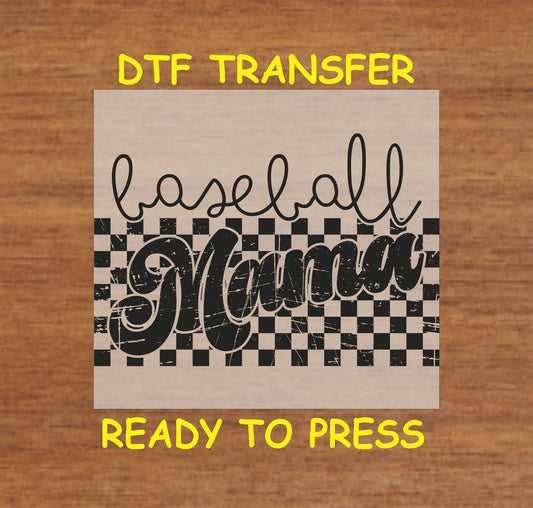 Baseball Mama DTF transfer with script text and a checkered background, ready to press.